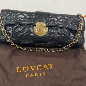 Lovcat Paris black hearts 🖤 purse leather bag 11” by 5” nice with dust bag